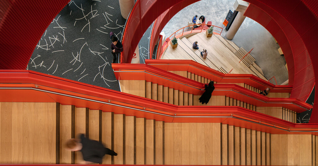 Cardiff university: Designed by architects Hawkins\Brown, the aim of the Oculus staircase is to drive engagement and collaboration between the varying departments and uses of the building