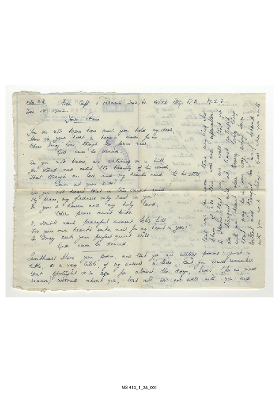 One of 120 manuscript letters by the poet John Jarmain to his wife Beryl with whom he regularly corresponded after being shipped to North Africa and South Italy during the Second World War from June 1942 until November 1943
