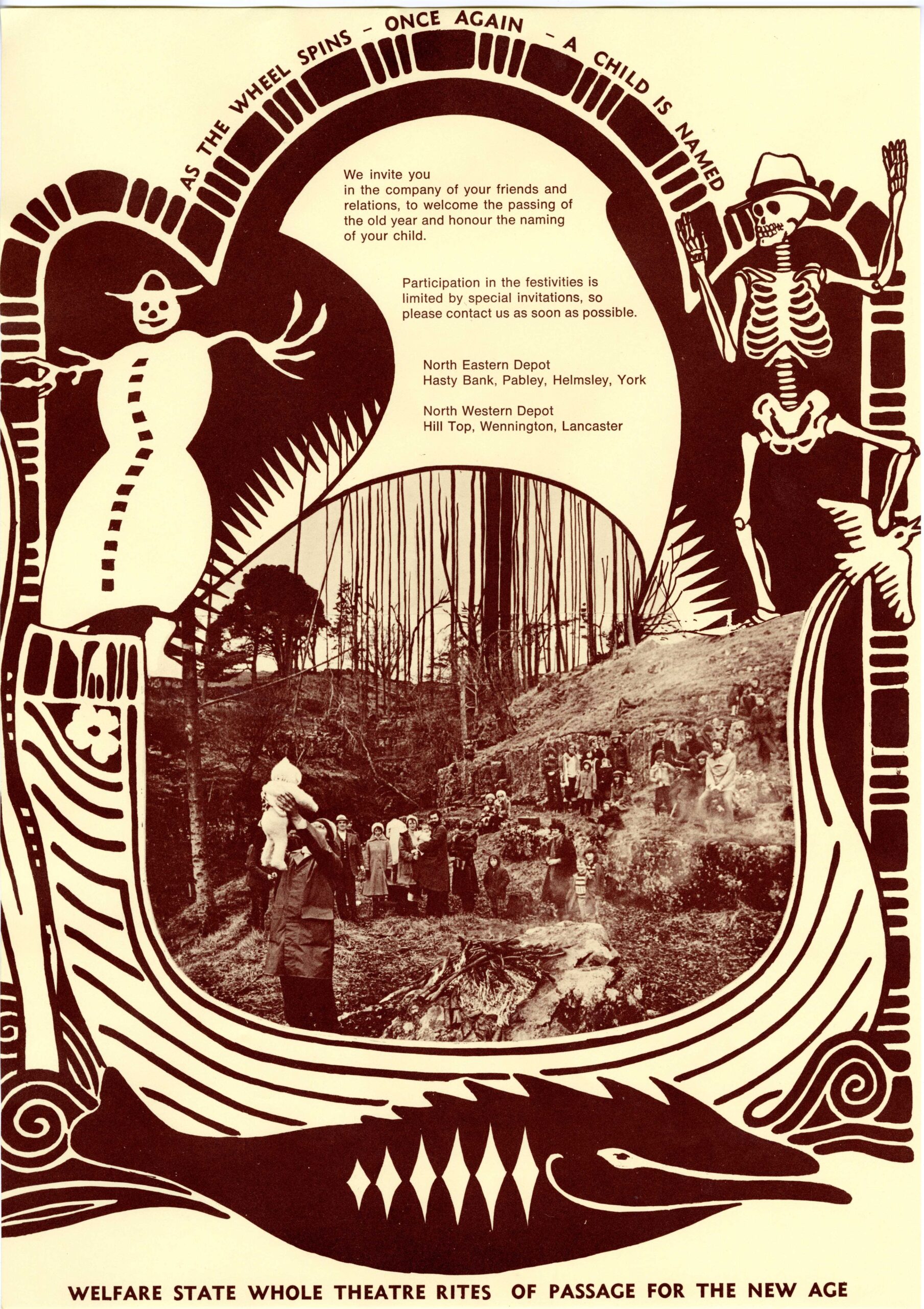 The radical artists collective, Welfare State International, sought to offer art for all on the same basis as education and health as being essential to wellbeing. Part of their practice involved pioneering secular ceremonies as illustrated by this poster.