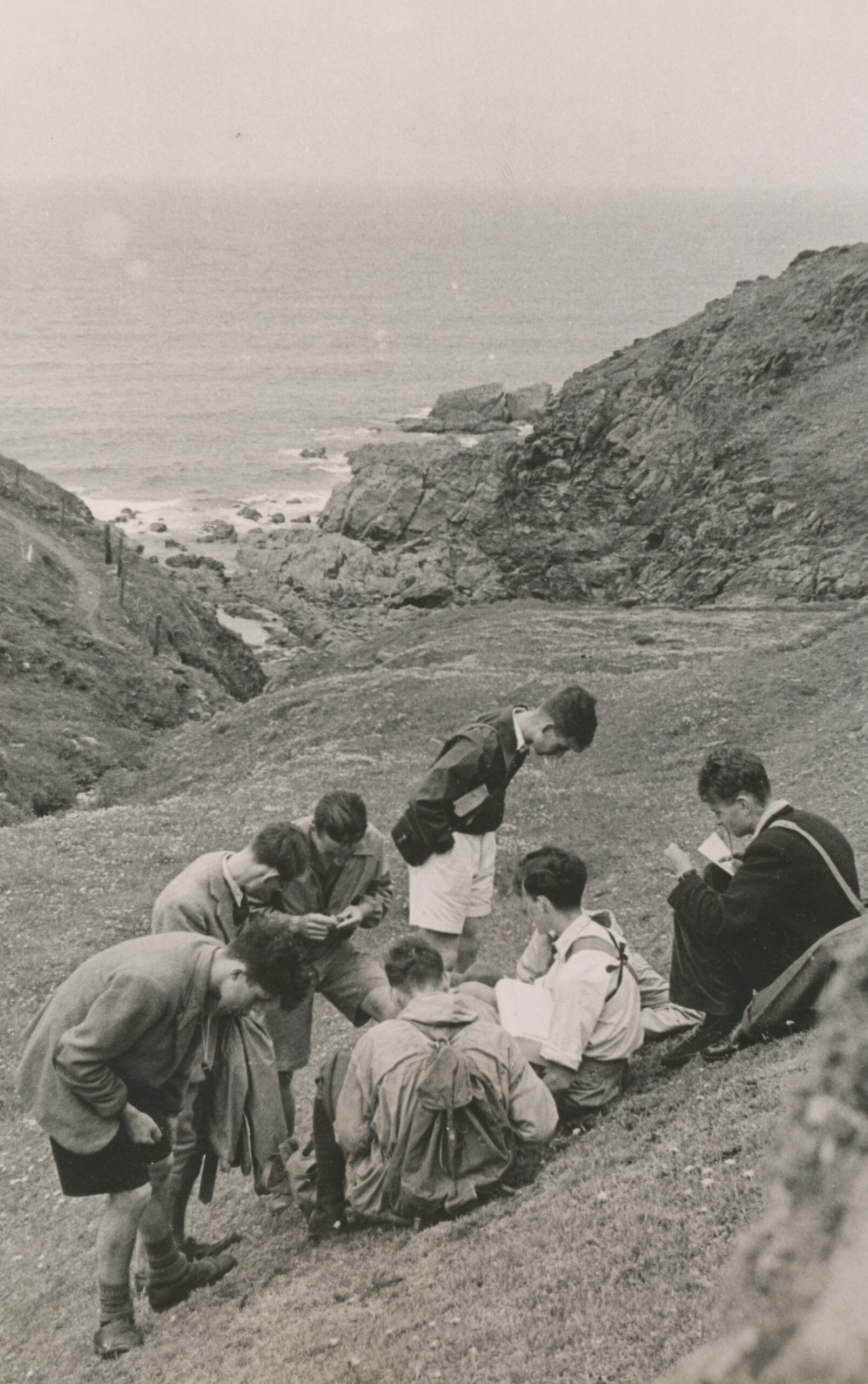 Black and white photograph featuring members of a botany research expedition to the Lizard, Cornwall, 1950.