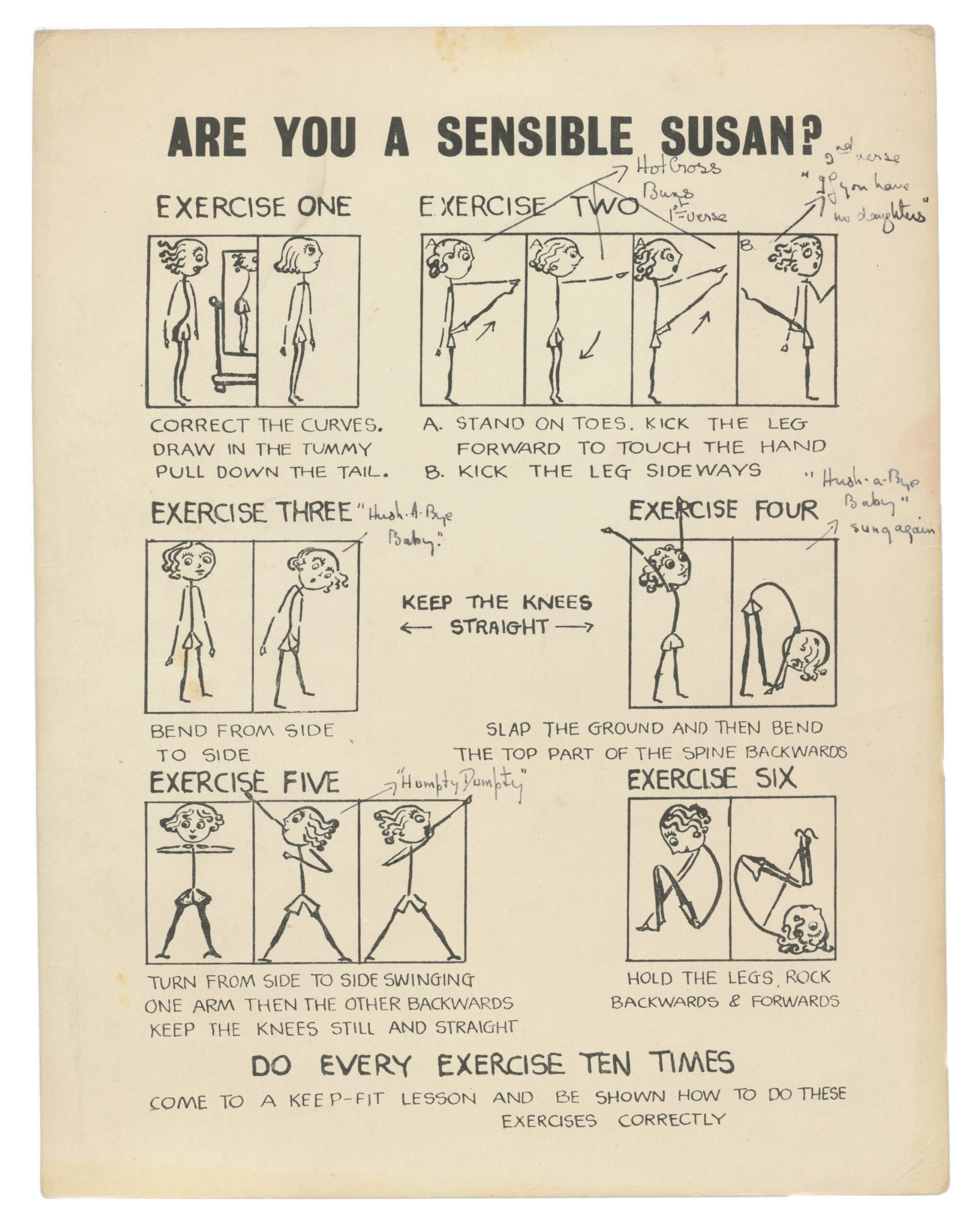 Printed sheet (annotated) of illustrated exercise instructions entitled ‘Are You A Sensible Susan?’
