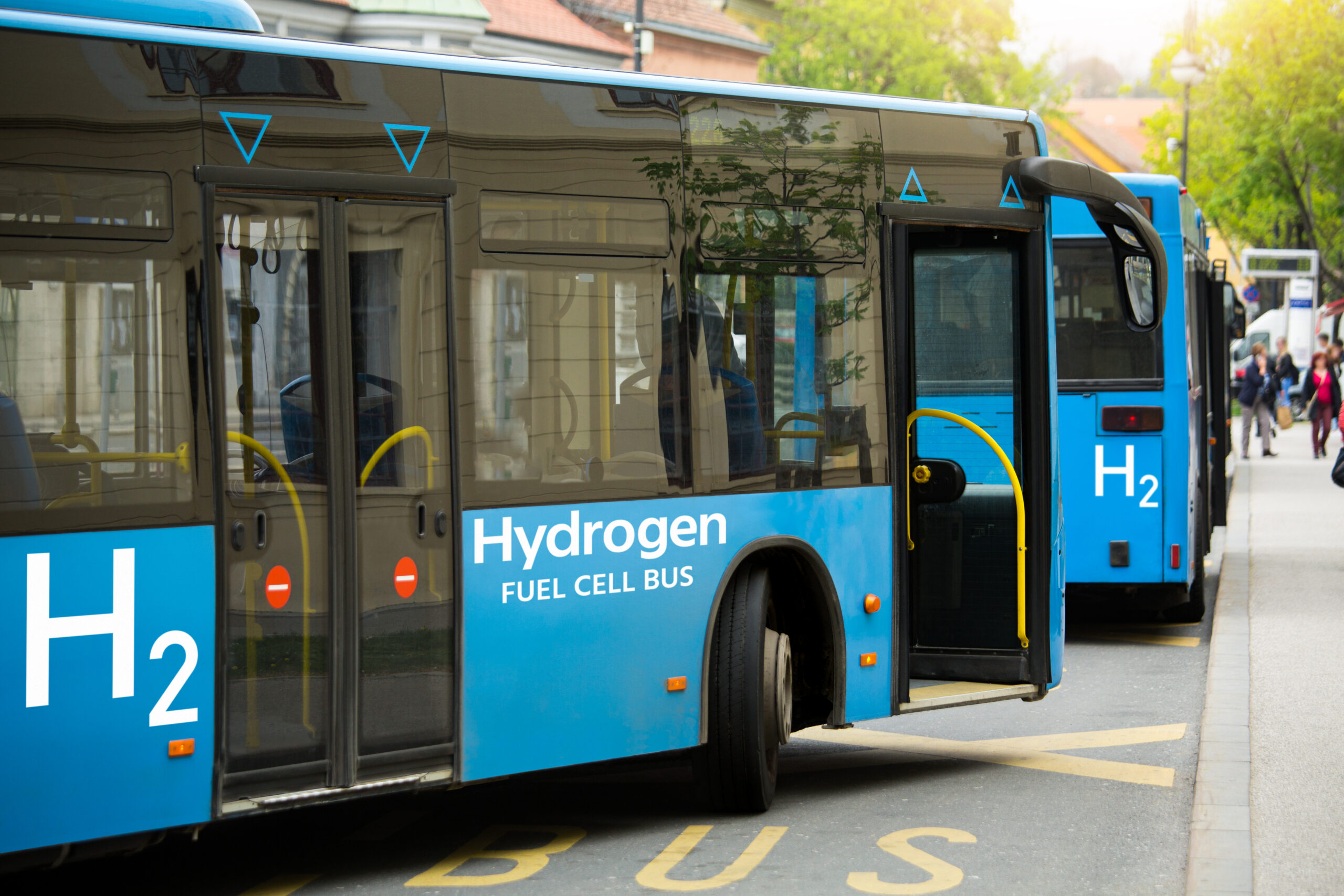 Hydrogen fuel cell buses at bus station.