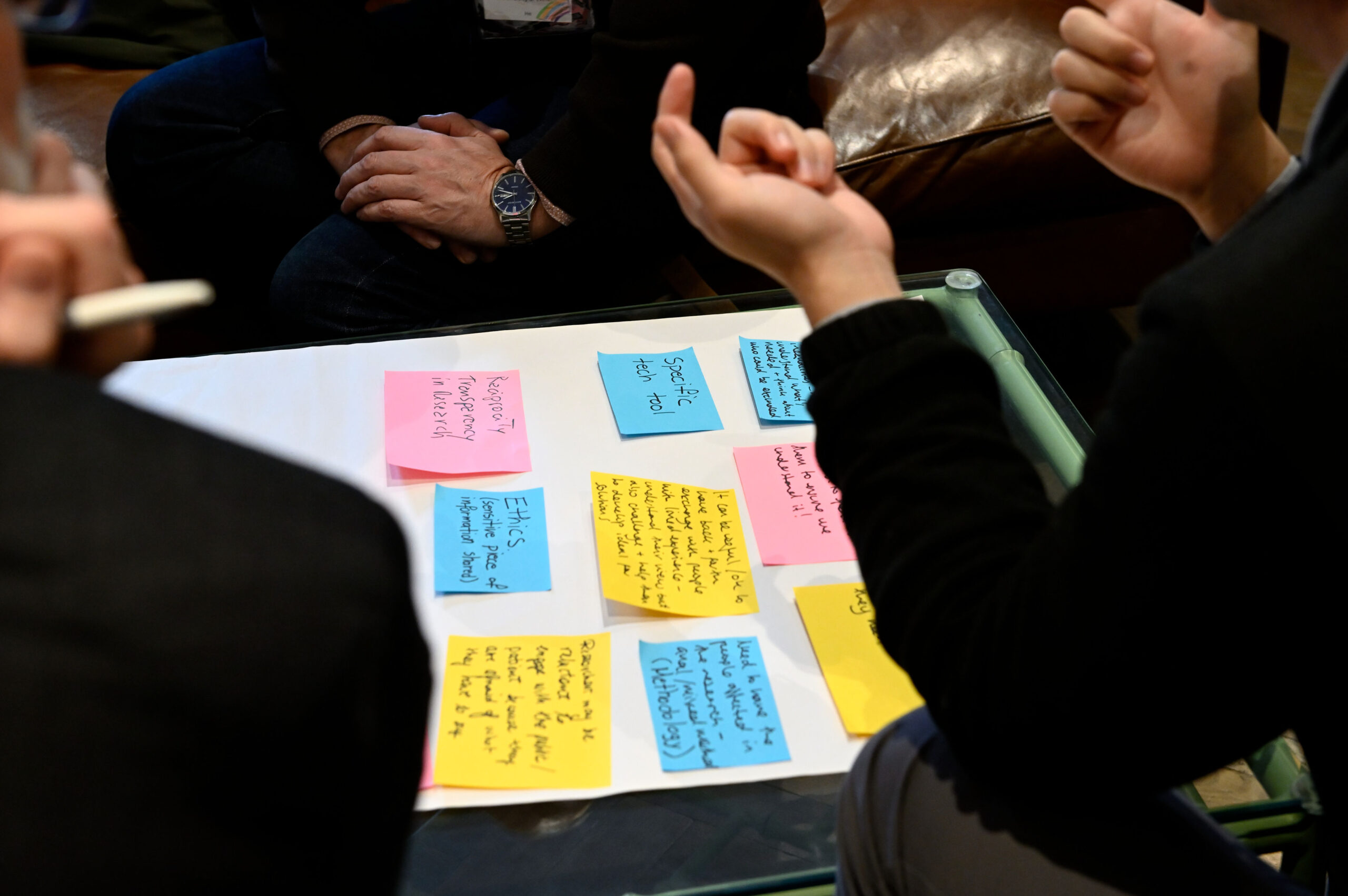 Coloured post it notes with writing on stuck onto a large piece of white paper, with group of people sitting round.