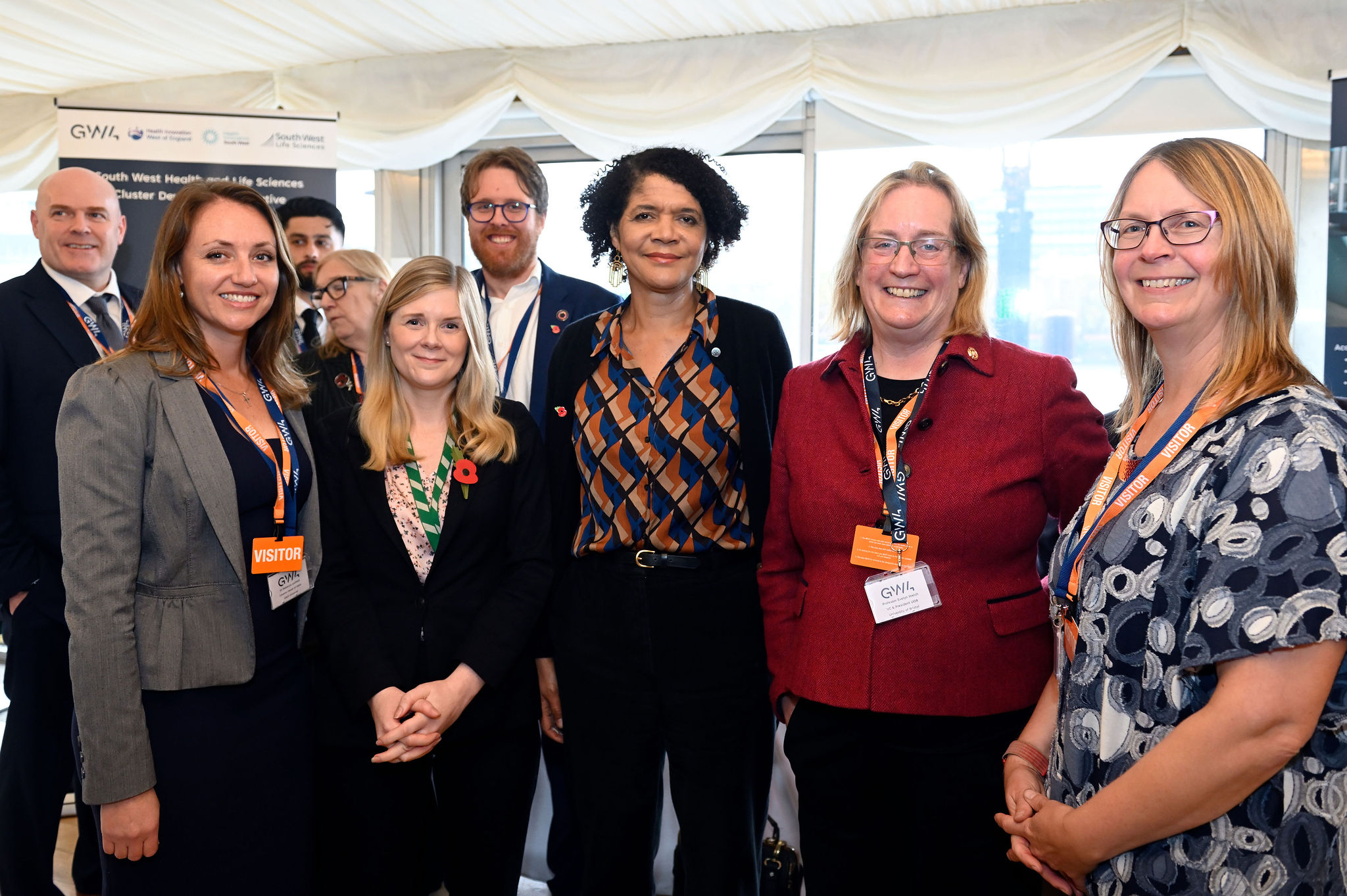 GW4 Innovation Showcase. The image shows, from left to right, Dr Rebecca Leithall (GW4 Interim Head), Claire Hazelgrove MP (MP for Filton & Bradley Stoke), Dame Chi Onwurah MP (Chair of the Science, Innovation and Technology Select Committee), Professor Evelyn Welch (Vice-Chancellor and President of the University of Bristol), and Melanie Knetsch (GW4 Alliance Director)