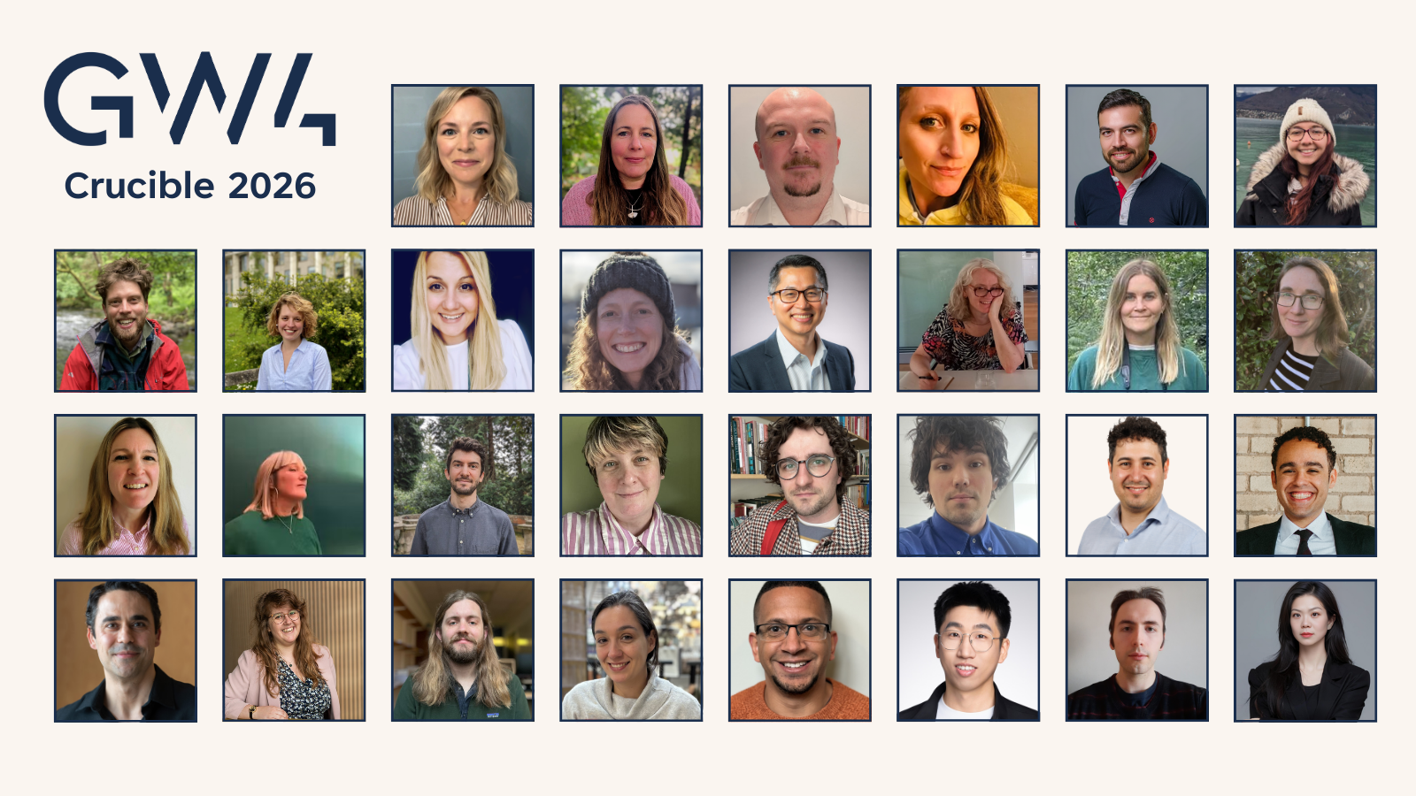 Profile photos of 30 researchers part of GW4 Crucible 2026.